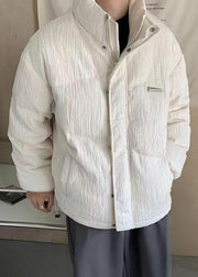 Simple White Zip Up Pockets Solid Men Parkas Winter