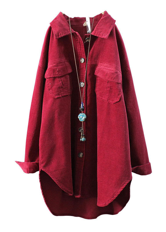 Simple Wine Red Peter Pan Collar Patchwork Corduroy Shirt Fall