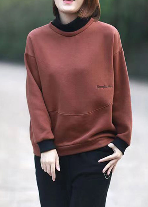 Simple Wine Red Turtleneck Patchwork Warm Fleece Sweatshirt Fall