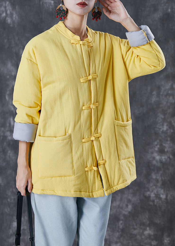 Simple Yellow Chinese Button Fine Cotton Filled Parkas Winter