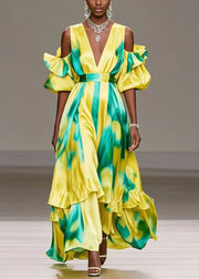 Simple Yellow Cold Shoulder Tie Dye Ruffles Silk Maxi Dress Summer