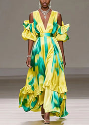 Simple Yellow Cold Shoulder Tie Dye Ruffles Silk Maxi Dress Summer