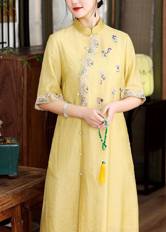 Simple Yellow Embroideried Patchwork Button Silk Dress Summer