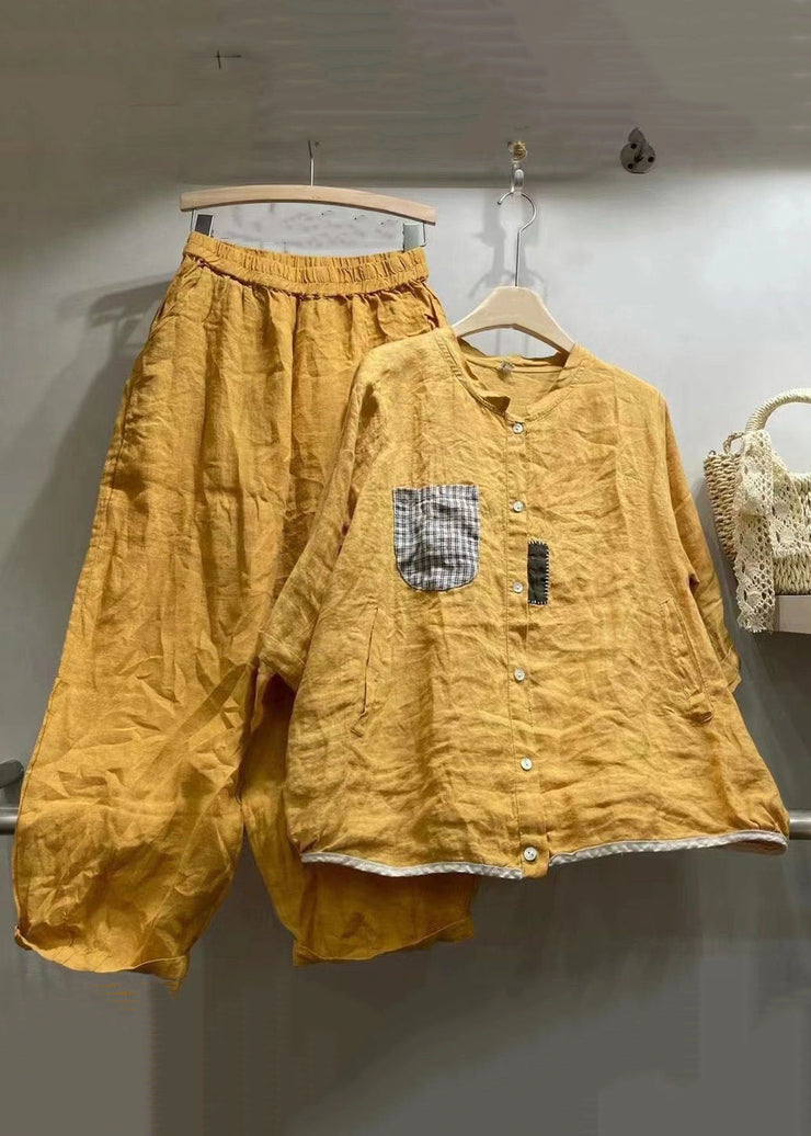 Simple Yellow O Neck Button Elastic Waist Linen Two Pieces Set Spring