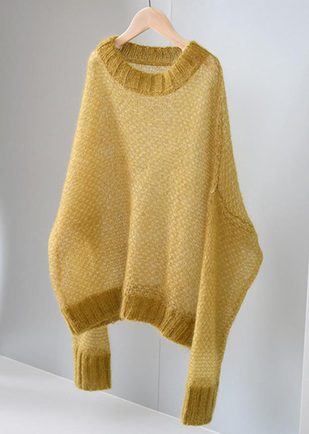 Simple Yellow O Neck Hollow Out Thin Cashmere Knit Top Fall