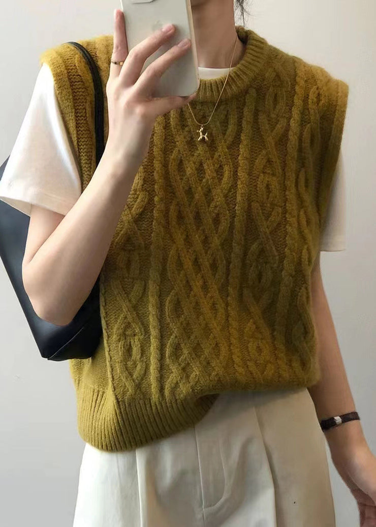 Simple Yellow O Neck Patchwork Cable Knit Waistcoat Sleeveless