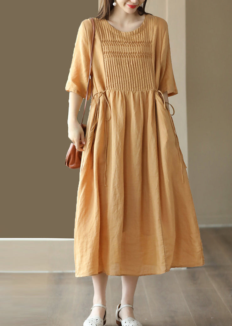 Simple Yellow O-Neck Patchwork Linen Long Dresses Summer