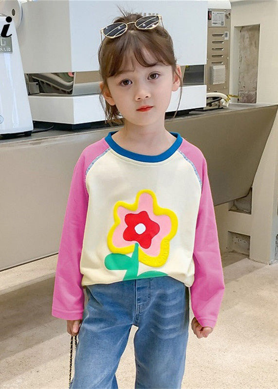 Simple Yellow O Neck Print Patchwork Cotton Girls Blouses Spring