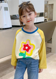 Simple Yellow O Neck Print Patchwork Cotton Girls Blouses Spring