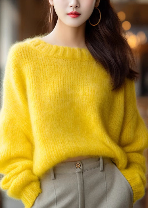 Simple Yellow O Neck Solid Knit Sweater Spring