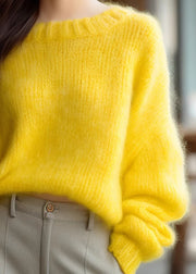 Simple Yellow O Neck Solid Knit Sweater Spring