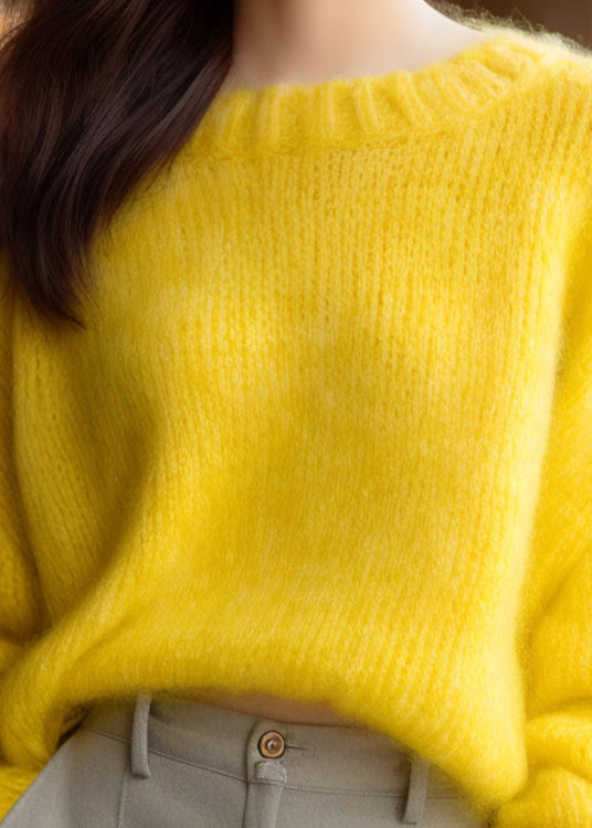 Simple Yellow O Neck Solid Knit Sweater Spring