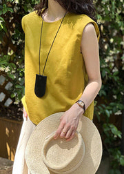 Simple Yellow O Neck Solid Linen Top Sleeveless