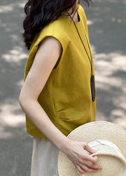 Simple Yellow O Neck Solid Linen Top Sleeveless