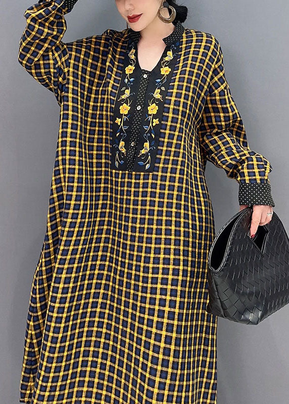 Simple Yellow Oversized Plaid Cotton Long Dresses Spring