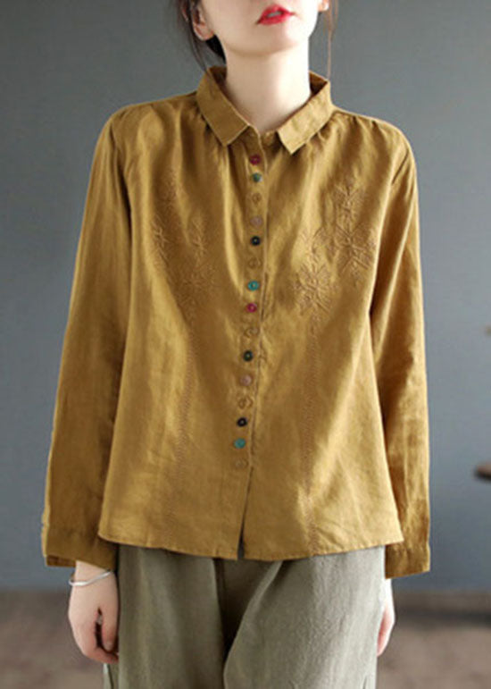 Simple Yellow Peter Pan Collar Embroideried Linen Shirt Spring