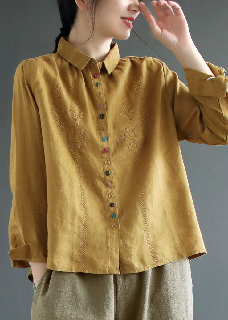 Simple Yellow Peter Pan Collar Embroideried Linen Shirt Spring