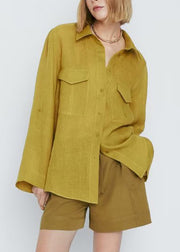 Simple Yellow Pockets Patchwork Button Top Long Sleeve