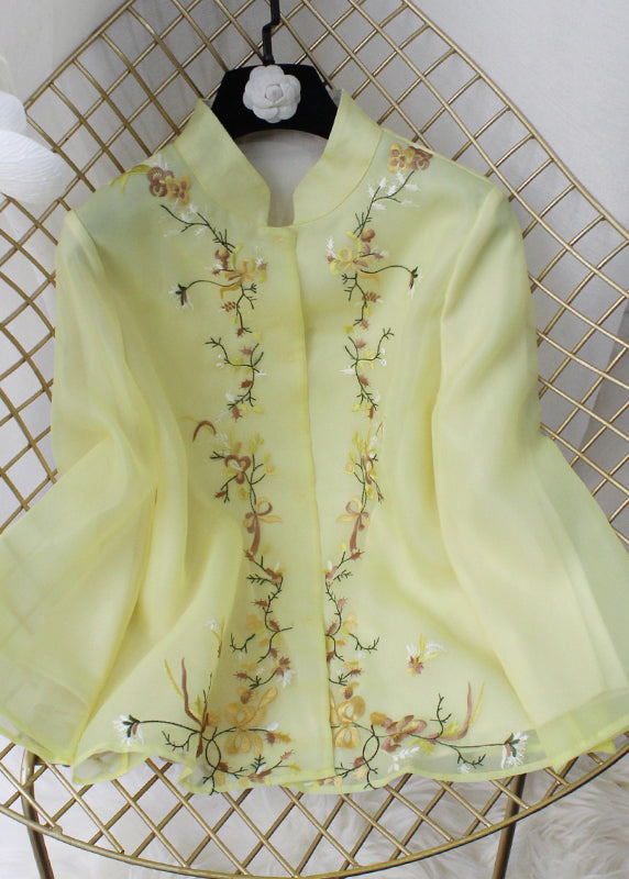 Simple Yellow Stand Collar Embroideried Floral Chiffon Coat Long Sleeve