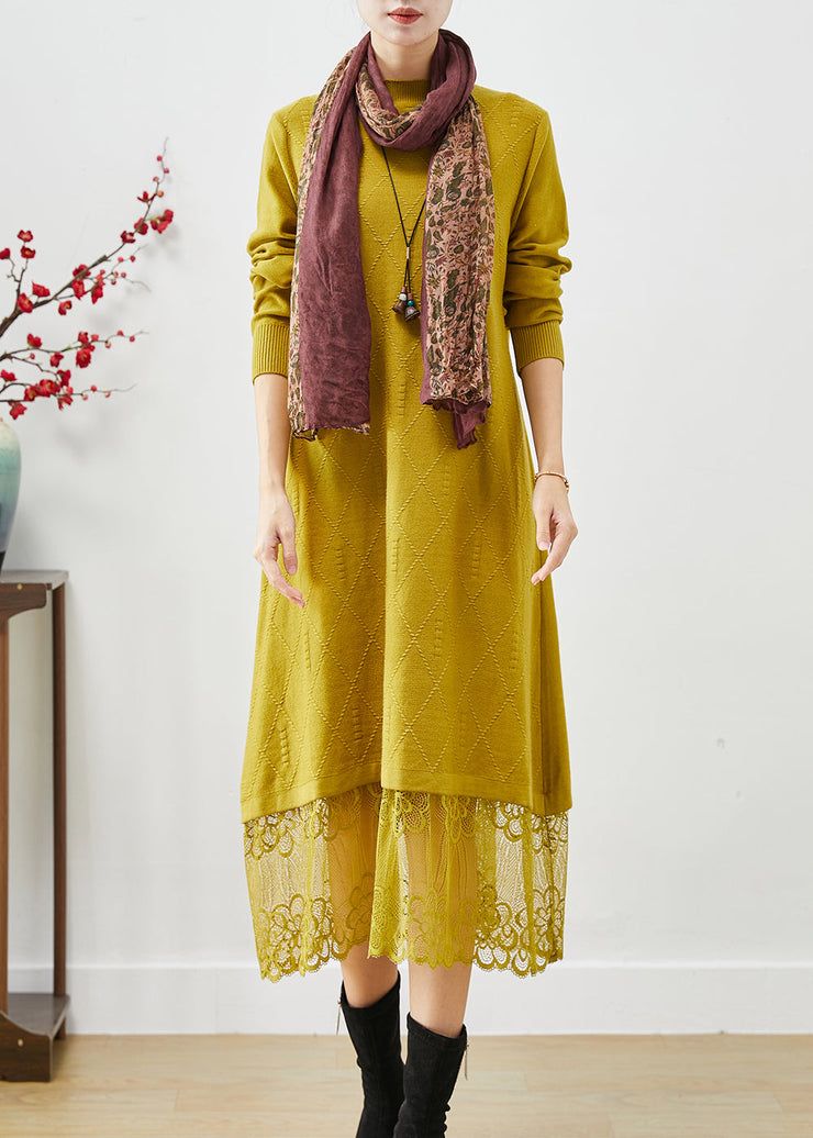 Simple Yellow Stand Collar Lace Patchwork Knit Long Dress Fall