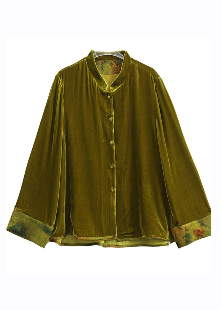 Simple Yellow Stand Collar Patchwork Button Silk Velour Coat Fall