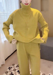 Simple Yellow Turtleneck Solid Knit Two Pieces Set Winter