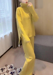 Simple Yellow Turtleneck Solid Knit Two Pieces Set Winter