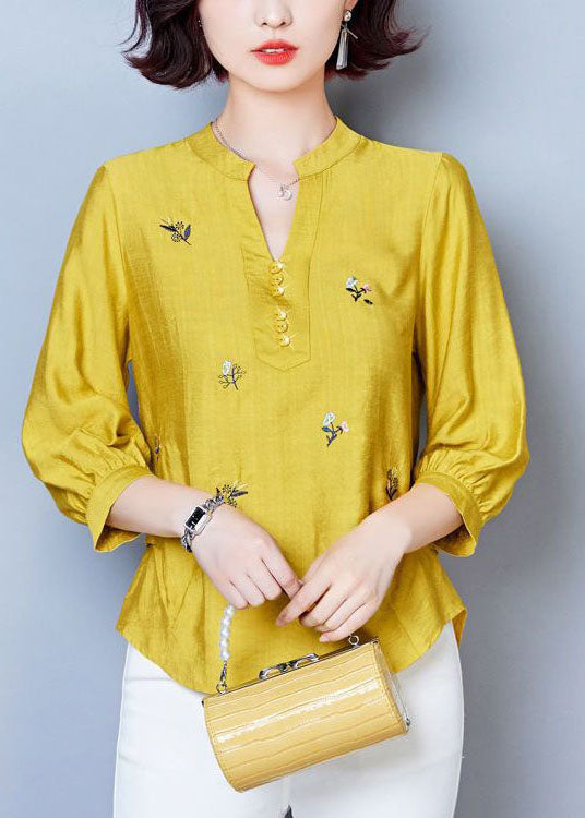 Simple Yellow V Neck Embroideried Patchwork Cotton Tops Summer