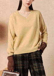 Simple Yellow V Neck Patchwork Knit Sweater Winter