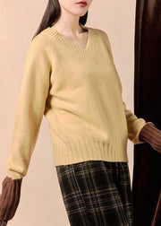 Simple Yellow V Neck Patchwork Knit Sweater Winter