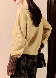 Simple Yellow V Neck Patchwork Knit Sweater Winter