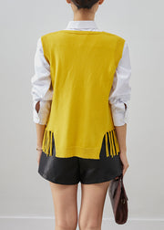 Simple Yellow V Neck Tasseled Knit Vest Tops Fall