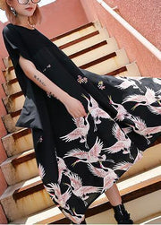 Simple Black Crane Prints Cotton Plus Size Summer Dress - SooLinen