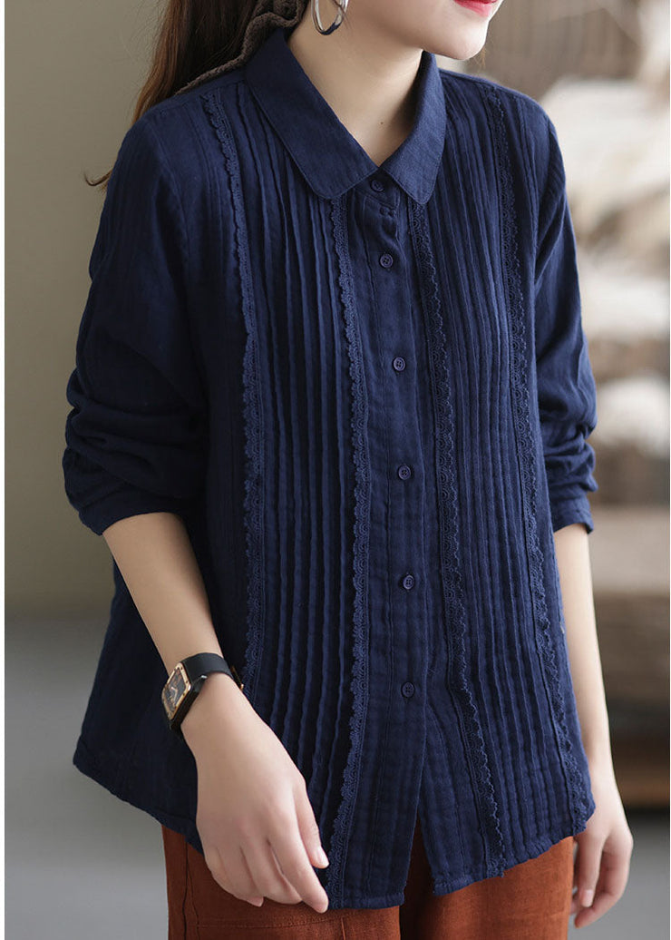 Simple Navy Stand Collar Wrinkled Lace Patchwork Button Cotton Tops Long Sleeve