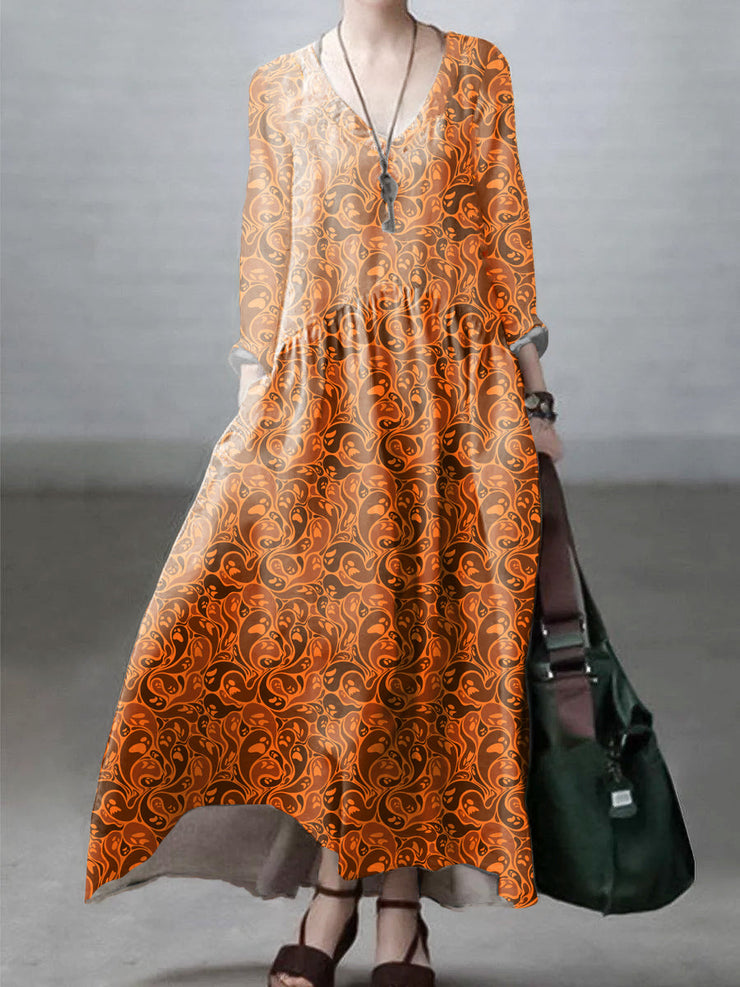 Simple and Loose V-neck orange print Cotton and Linen Dress