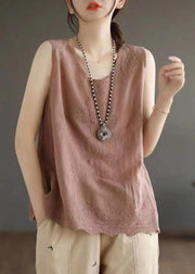 Skin Pink Embroideried Solid Cotton Vest Sleeveless