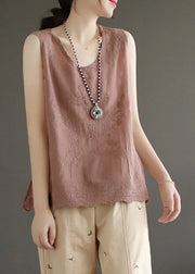 Skin Pink Embroidered Solid Cotton Vest Sleeveless