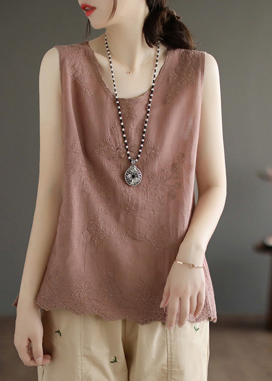 Skin Pink Embroideried Solid Cotton Vest Sleeveless