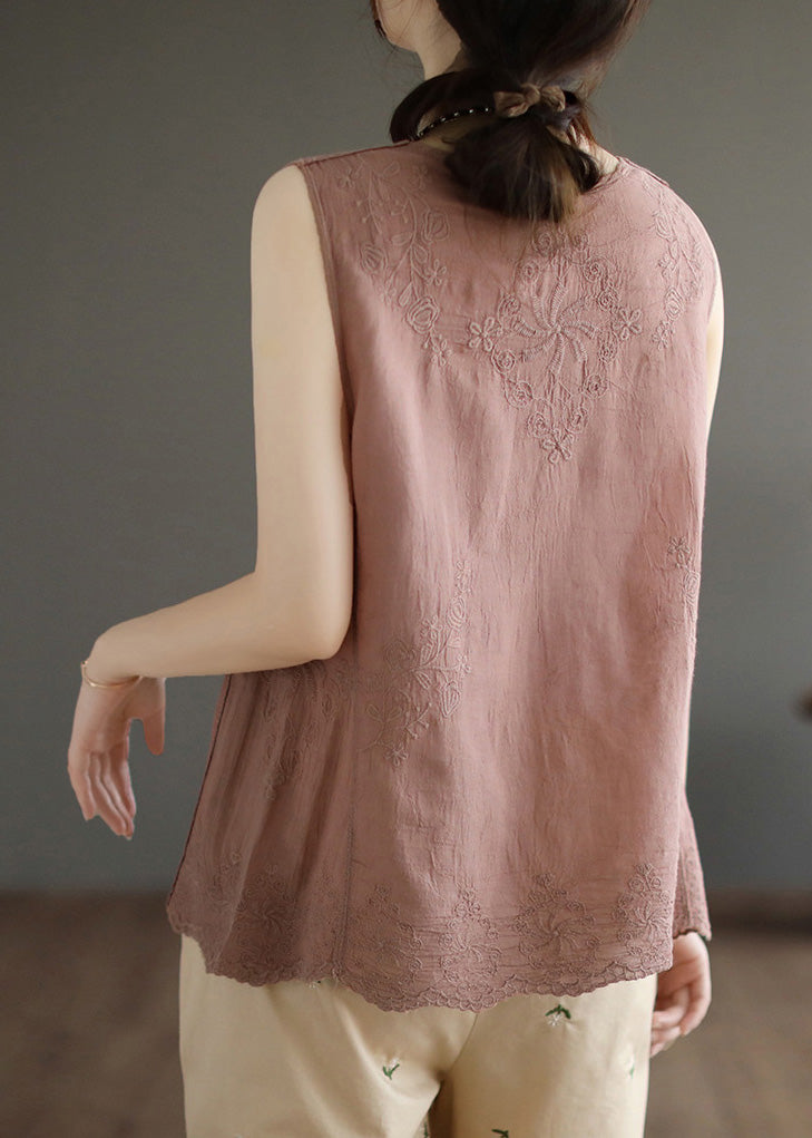 Skin Pink Embroidered Solid Cotton Vest Sleeveless