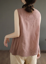 Skin Pink Embroideried Solid Cotton Vest Sleeveless