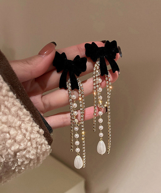 Skinny Black Flocking Overgild Zircon Pearl Bow Tassel Drop Earrings