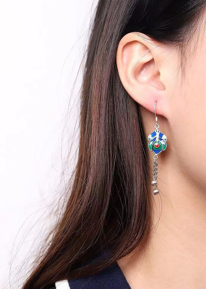 Skinny Blue Green Sterling Silver Cloisonne Gem Stone Tassel Drop Earrings