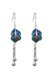 Skinny Blue Green Sterling Silver Cloisonne Gem Stone Tassel Drop Earrings