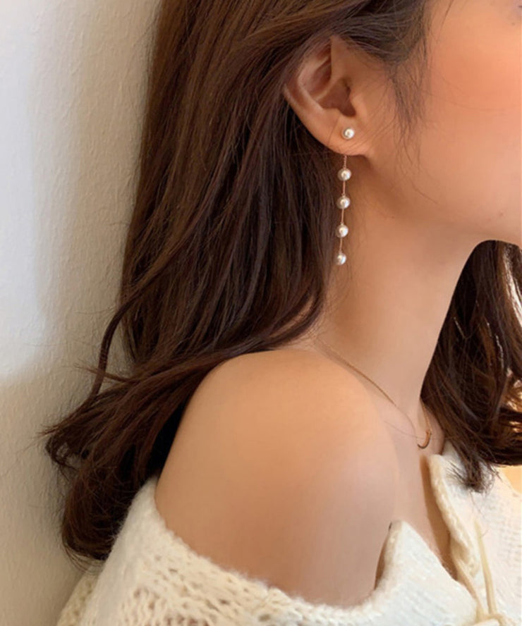 Skinny Gold Alloy Pearl Tassel Drop Earrings