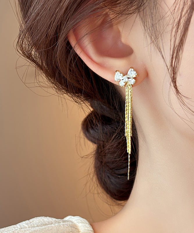 Skinny Gold Alloy Zircon Bow Tassel Drop Earrings