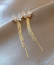 Skinny Gold Alloy Zircon Bow Tassel Drop Earrings