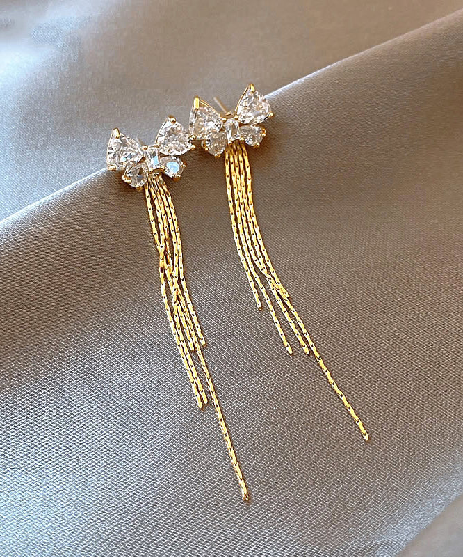 Skinny Gold Alloy Zircon Bow Tassel Drop Earrings