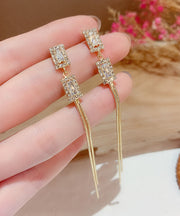 Skinny Gold Copper Alloy Inlaid Zircon Geometric Blocks Tassel Drop Earrings