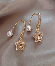 Skinny Gold Copper Alloy Pentagram Crystal Pearl Drop Earrings