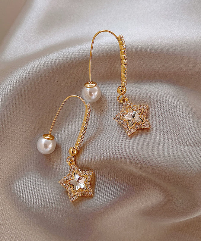 Skinny Gold Copper Alloy Pentagram Crystal Pearl Drop Earrings